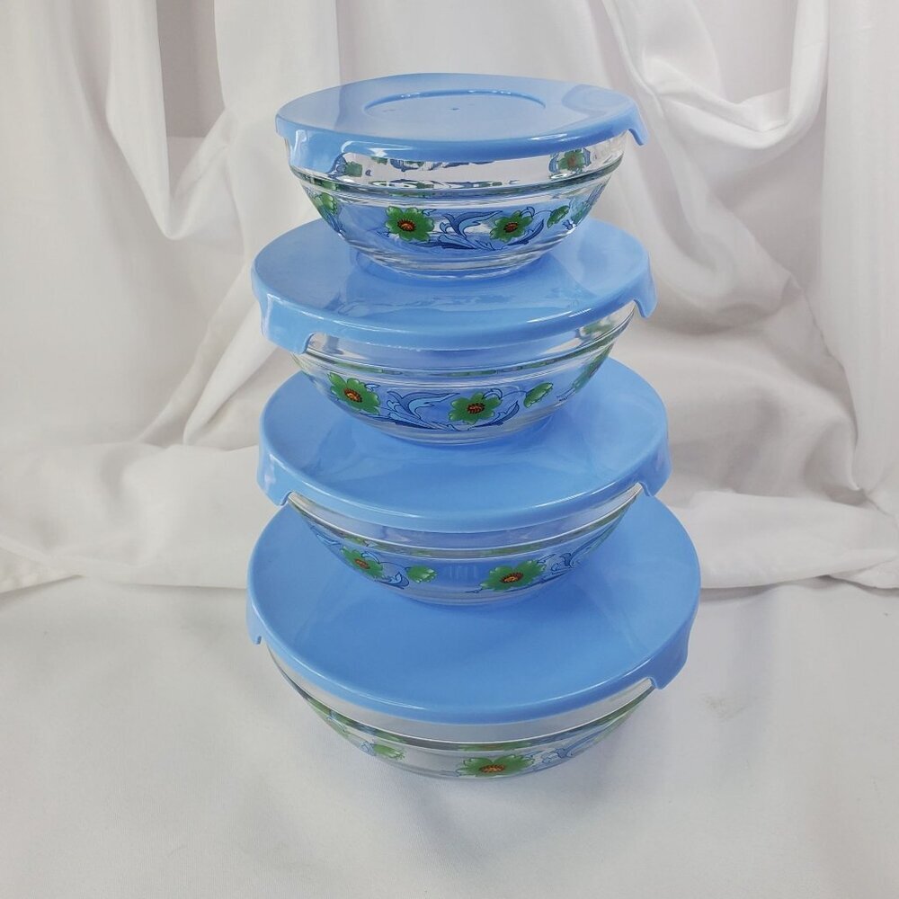 Vintage Imperial Glass Blue Green Flower Nesting Bowls Storage 1970's Set of 4 - Picture 3 of 14